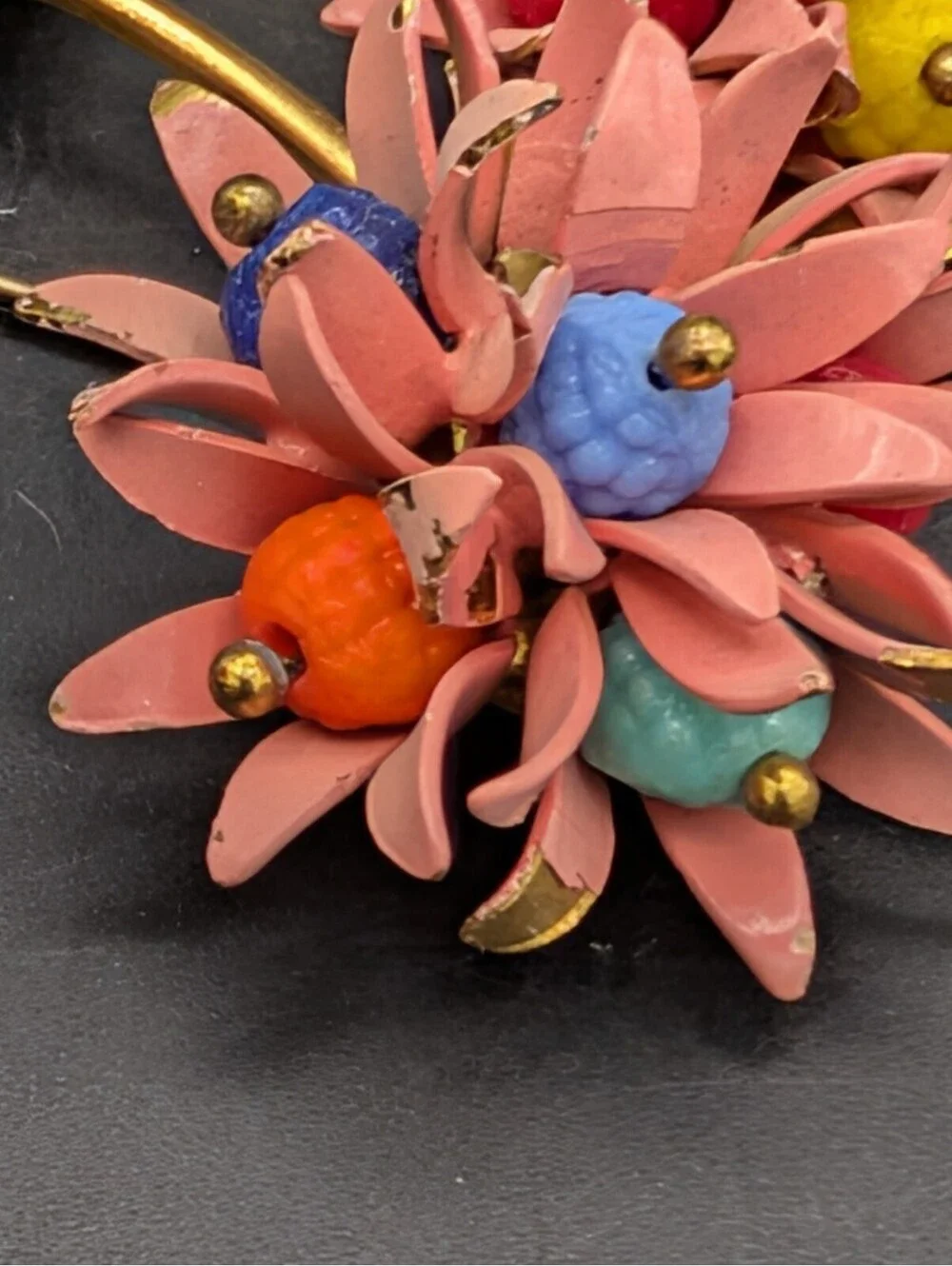 Vintage 1950s Pink Enamel Flower Brooch Hand Wired Molded Glass Bead Cluster